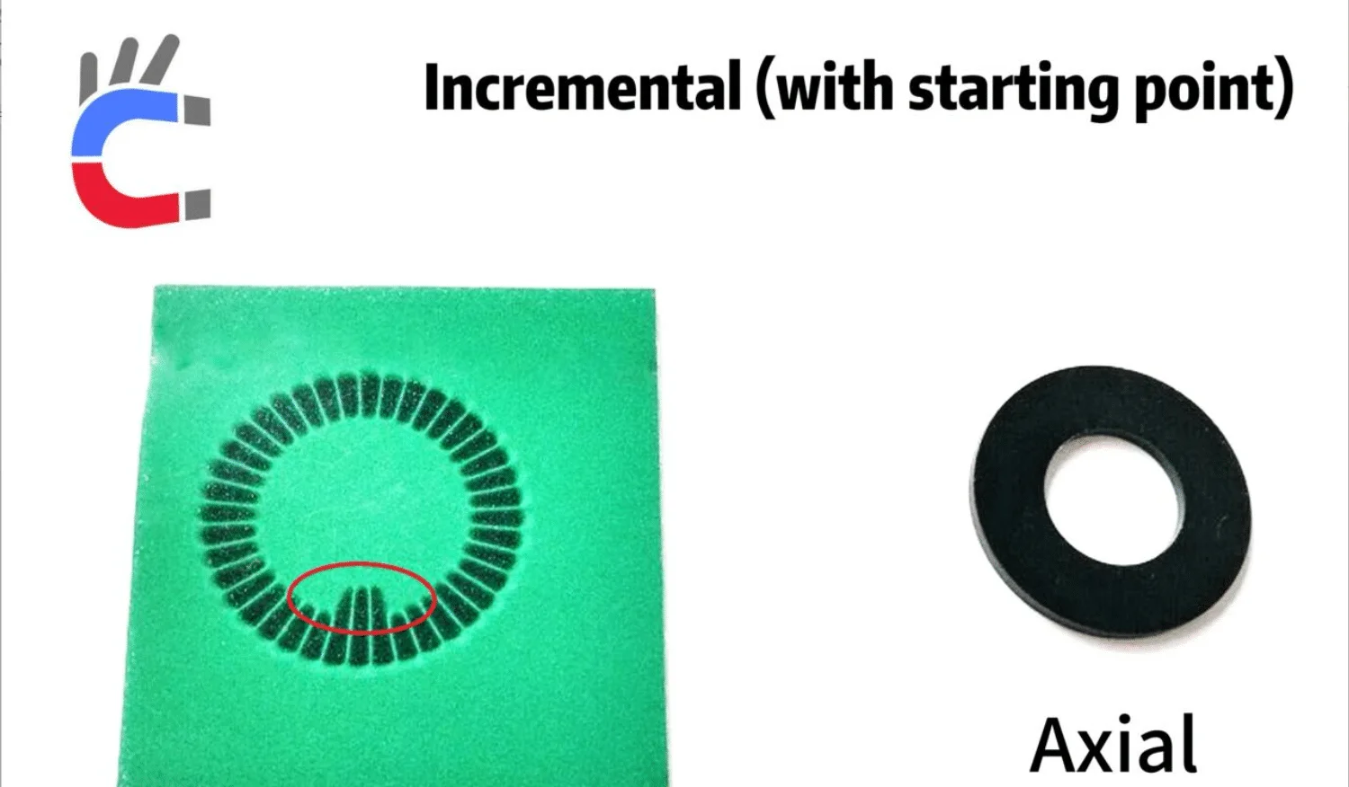 Green axial magnetic encoder ring featuring a highlighted Z-phase reference mark for homing.