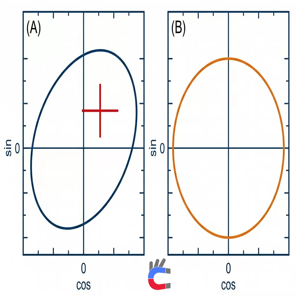 Lissajous curve correction via on-chip calibration before and after eccentricity compensation